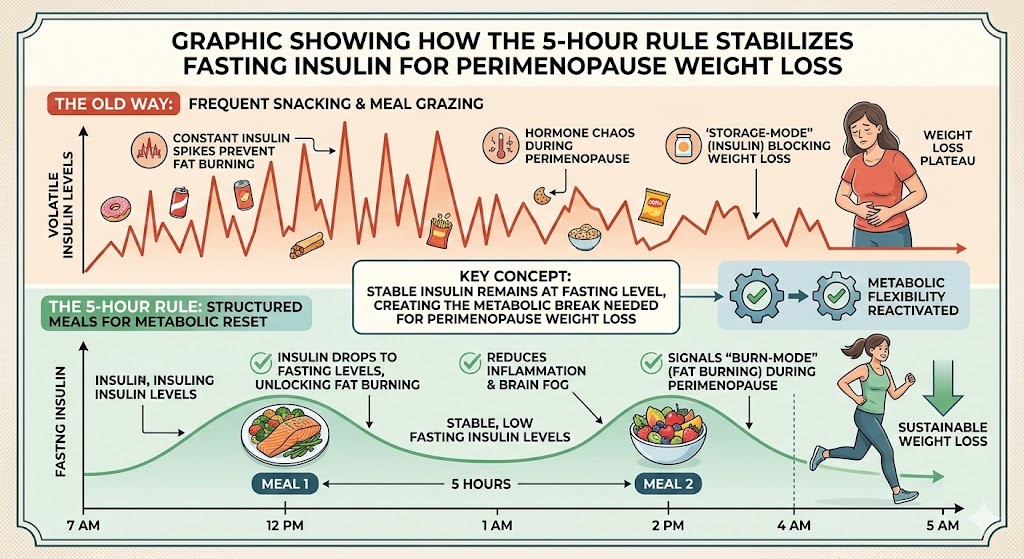 Graphic showing how the 5-hour rule stabilizes fasting insulin for perimenopause weight loss.